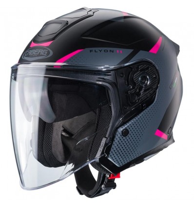 Casco Jet Caberg Flyon II Boss nero opaco, grigio e fucsia fluo