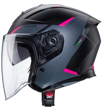 Casco Jet Caberg Flyon II Boss nero opaco, grigio e fucsia fluo Casco Jet Caberg Flyon II Boss nero opaco, grigio e fucsia fluo