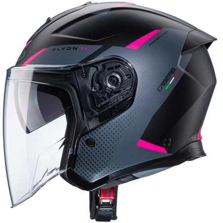 Casco Jet Caberg Flyon II Boss nero opaco, grigio e fucsia fluo Casco Jet Caberg Flyon II Boss nero opaco, grigio e fucsia fluo