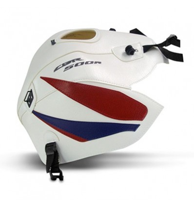 Copriserbatoio Bagster per Honda CBR500 R 13-14 in similpelle bianco con triangoli blu baltico e rosso Copriserbatoio Bagster per Honda CBR500 R 13-14 in similpelle bianco con triangoli blu baltico e rosso