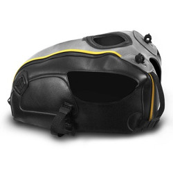 Copriserbatoio Bagster per Kawasaki W800 in similpelle nero, grigio acciaio e bordo oro