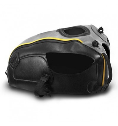 Copriserbatoio Bagster per Kawasaki W800 in similpelle nero, grigio acciaio e bordo oro