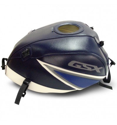 Copriserbatoio Bagster per Suzuki GSX 1400 in similpelle blu scuro, bianco e acciaio