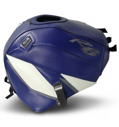 Copriserbatoio Bagster per Yamaha YZF R6 99-02 similpelle blu baltico, bianco e acciaio