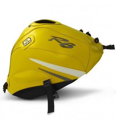 Copriserbatoio Bagster per Yamaha YZF R6 03-05 in similpelle giallo, bianco e acciaio Copriserbatoio Bagster per Yamaha YZF R6 03-05 in similpelle giallo, bianco e acciaio