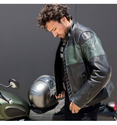 Giacca da moto in pelle Revit Nova Vintage nera e verde Giacca da moto in pelle Revit Nova Vintage nera e verde