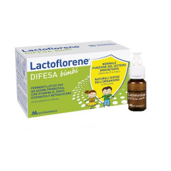 Confezione da 10 flaconi di Lactoflorene Difesa Bambini integratore per il sistema immunitario.