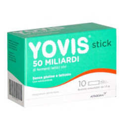 Confezione da 10 bustini orosolubili di Yovis stick fermenti lattici per il benessere intestinale.