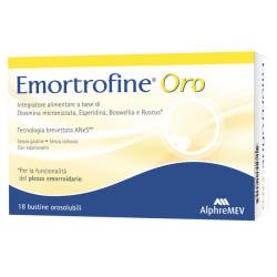 Confezione da 18 bustine orosolubili di Emortrofine Oro per il trattamento delle emorroidi