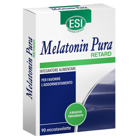 Confezione da 90 microtavolette di ESI Melatonina Pura Retard, integratore utile per favorire il sonno.