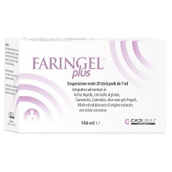 Confezione da 20 stick di Faringel Plus integratore contro il reflusso gastroesofageo.