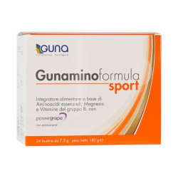 Confezione da 24 bustine di Guna Gunamino Formula Sport integratore per sportivi.