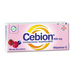 Confezione da 20 compresse masticabili di cebion frutti di bosco integratore di vitamina C senza zucchero.