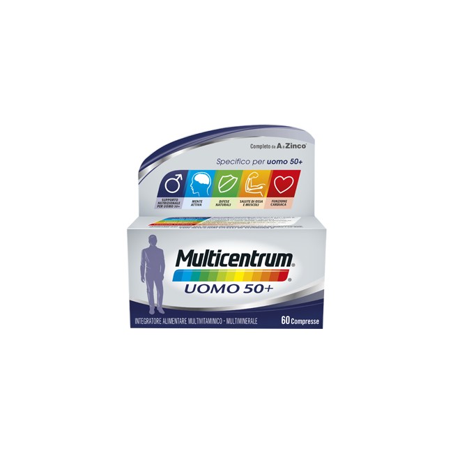 Confezione da 60 compresse di Multicentrum uomo 50+ multivitaminico e multiminerale per uomini sopra i 50 anni Confezione da 60 compresse di Multicentrum uomo 50+ multivitaminico e multiminerale per uomini sopra i 50 anni