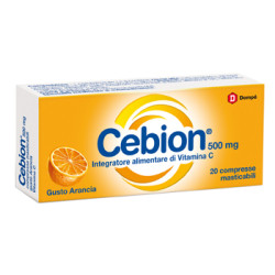 Confezione da 20 compresse masticabili di cebion arancia integratore di vitamina C.