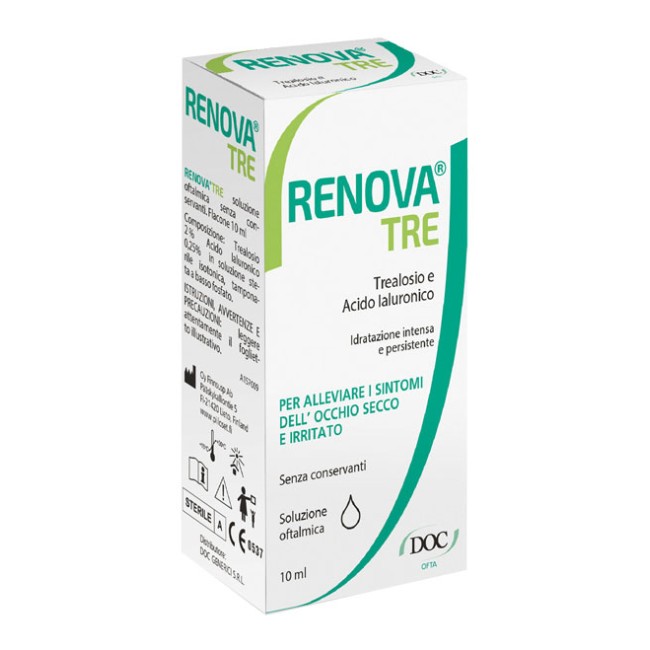 Flacone multidose da 10 Ml di Renova tre collirio idratante intensivo e lubrificante. Flacone multidose da 10 Ml di Renova tre collirio idratante intensivo e lubrificante.