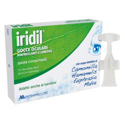 Confezione da 10 fialette monodose di Iridil gocce oculari rinfrescanti e lenitive.