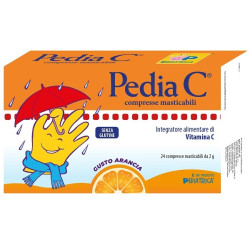 Confezione da 24 compresse di Pedia C, integratore di vitamina C per bambini al gusto d'arancia.