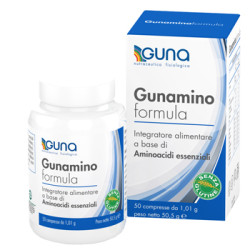 Confezione da 50 compresse di Guna Gunamino Formula con amminoacidi essenziali.