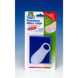 PROTETTORE ALLUCE VALGO REALIZZATO IN GEL DI SILICONE BIANCOSEMITRASPARENTE SAGOMATO PER AVVOLGERE LA PARTE DOLENTE E SENSIBILE