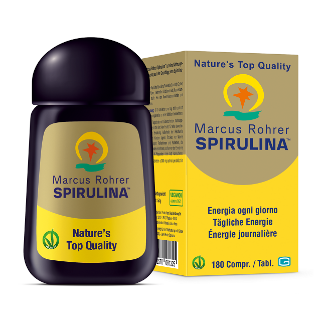 Confezione da 180 compresse di Spirulina Marcus Rohrer integratore ricostituente.