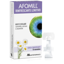 Confezione da 10 fialette di Afomill rinfrescante collirio senza conservanti per il benessere oculare.