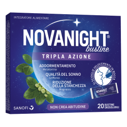 Confezione da 20 bustine orosolubili di Novanight tripla azione per chi ha un sonno disturbato.