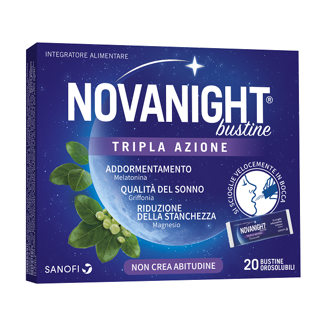 Confezione da 20 bustine orosolubili di Novanight tripla azione per chi ha un sonno disturbato. Confezione da 20 bustine orosolubili di Novanight tripla azione per chi ha un sonno disturbato.