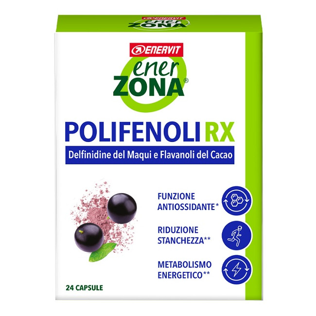 Confezione da 24 capsule di Enerzona Polifenoli Rx, integratore antiossidante utile contro stanchezza ed affaticamento.