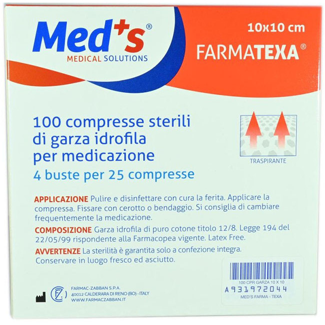 GARZA COMPRESSA IDROFILA MEDS FARMATEXA 2/8 10X10CM 100 PEZZI GARZA COMPRESSA IDROFILA MEDS FARMATEXA 2/8 10X10CM 100 PEZZI