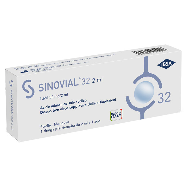 SIRINGA INTRA-ARTICOLARE SINOVIAL 32 ACIDO IALURONICO 1,6% 32 MG/2 ML 1 FS + AGO GAUGE 21 1 PEZZO SIRINGA INTRA-ARTICOLARE SINOVIAL 32 ACIDO IALURONICO 1,6% 32 MG/2 ML 1 FS + AGO GAUGE 21 1 PEZZO