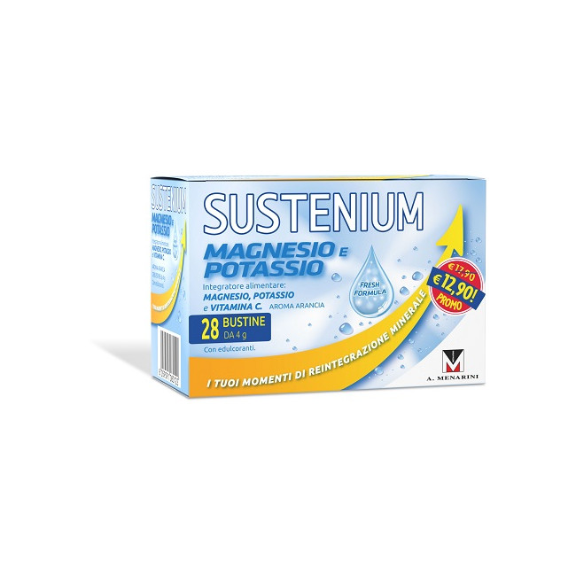 Confezione da 28 buste di Sustenium magnesio e potassio integratore salino gusto arancia Confezione da 28 buste di Sustenium magnesio e potassio integratore salino gusto arancia