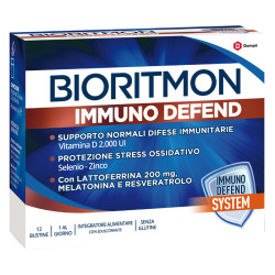 Confezione da 12 bustine di Bioritmon Immuno Defend integratore per le difese immunitarie.