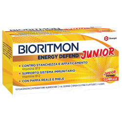 Confezione da 10 flaconi di Bioritmon Energy Defend Junior integratore energetico e per le difese immunitarie.
