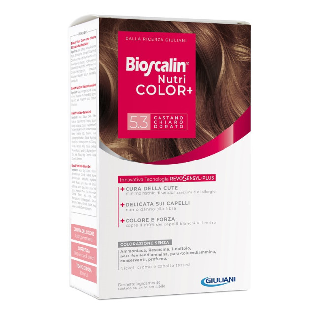 BIOSCALIN NUTRICOLOR PLUS 5,3 CASTANO CHIARO DORATO CREMA COLORANTE 40 ML + RIVELATORE CREMA 60 ML + SHAMPOO 12 ML + TRATTAMENTO BIOSCALIN NUTRICOLOR PLUS 5,3 CASTANO CHIARO DORATO CREMA COLORANTE 40 ML + RIVELATORE CREMA 60 ML + SHAMPOO 12 ML + TRATTAMENTO