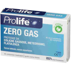 Confezione da 45 compresse di Prolife Zerogas integratore contro gonfiore addominale e flatulenza.