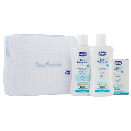 CHICCO BABY MOMENTS BEAUTY BAG ZIP AZZURRO BAGNOSCHIUMA PELLI DELICATE 200 ML + SHAMPOO PELLI DELICATE 200 ML + SAPONE SOLITO PE