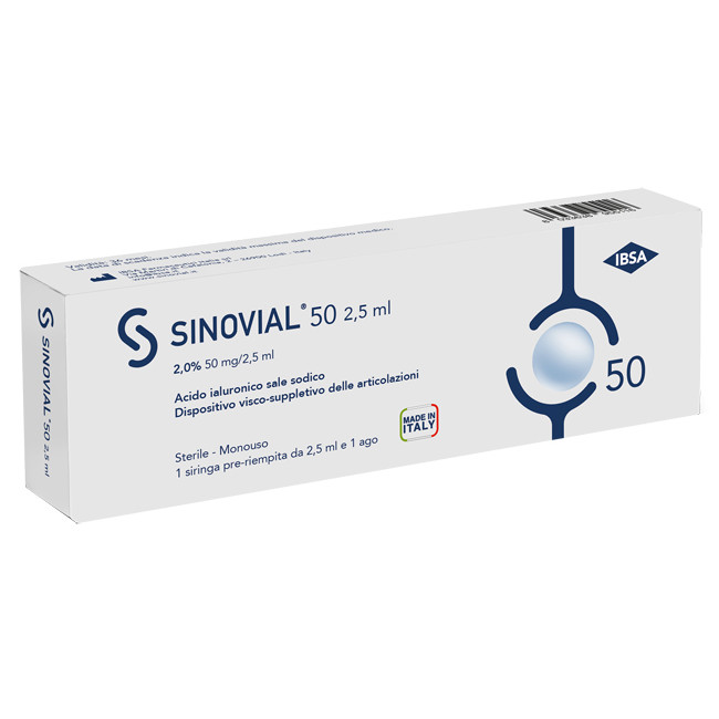 SIRINGA INTRA-ARTICOLARE SINOVIAL 50 ACIDO IALURONICO 2% 50 MG/2,5 ML 1 FS + AGO GAUGE 21 1 PEZZO SIRINGA INTRA-ARTICOLARE SINOVIAL 50 ACIDO IALURONICO 2% 50 MG/2,5 ML 1 FS + AGO GAUGE 21 1 PEZZO