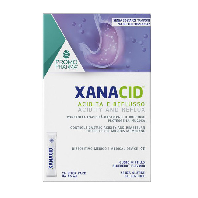 Confezione da 20 bustine liquide di Xanacid rimedio per acidità di stomaco e reflusso. Confezione da 20 bustine liquide di Xanacid rimedio per acidità di stomaco e reflusso.