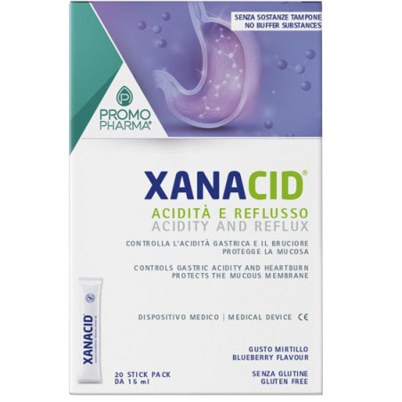 Confezione da 20 bustine liquide di Xanacid rimedio per acidità di stomaco e reflusso.