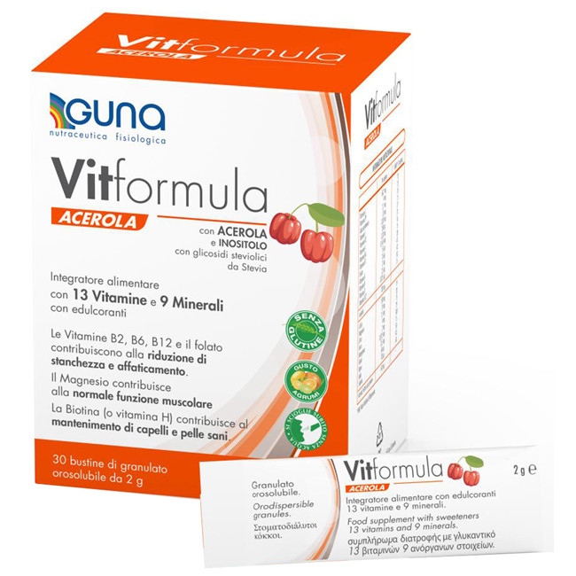 Confezione da 30 bustine di Guna Vitformula Acerola integratore antiossidante e ricostituente. Confezione da 30 bustine di Guna Vitformula Acerola integratore antiossidante e ricostituente.