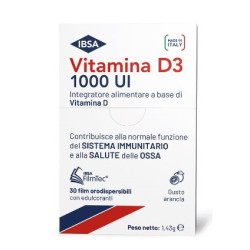 Confezione da 30 film di Ibsa Vitamina D3 1000UI integratore per la salute di denti e ossa.