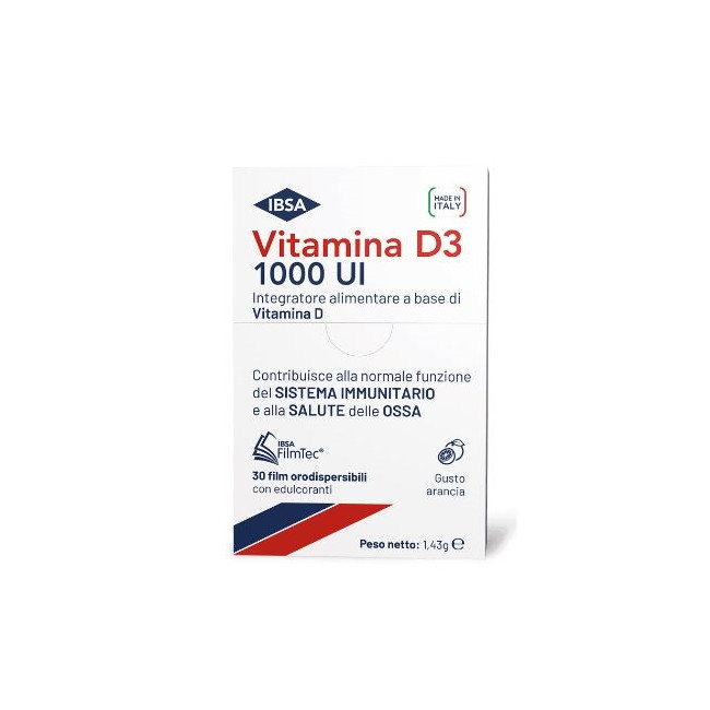Confezione da 30 film di Ibsa Vitamina D3 1000UI integratore per la salute di denti e ossa. Confezione da 30 film di Ibsa Vitamina D3 1000UI integratore per la salute di denti e ossa.