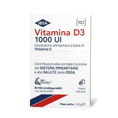 Confezione da 30 film di Ibsa Vitamina D3 1000UI integratore per la salute di denti e ossa.