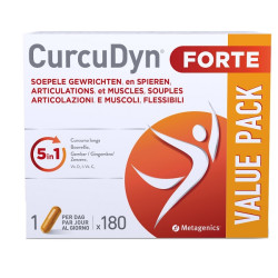 Confezione da 180 capsule di CurcuDyn Forte, integratore per le articolazioni e i muscoli.