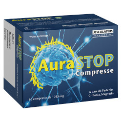 Confezione da 60 compresse di Aurastop integratore che favorisce il benessere mentale