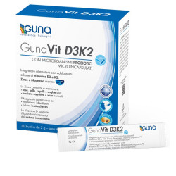 Confezione da 30 bustine di GunaVit D3K2, integratore di vitamina D e vitamina K.