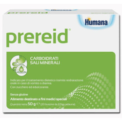 Confezione da 20 bustine di Humana Prereid per ripristinare l'equilibrio idrosalino.
