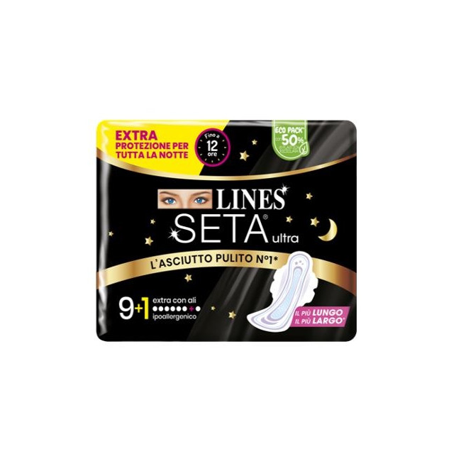 LINES SETA ULTRA ASSORBENTI EXTRA NOTTE CARRY PACK PACCO SINGOLO 9+1 PEZZI LINES SETA ULTRA ASSORBENTI EXTRA NOTTE CARRY PACK PACCO SINGOLO 9+1 PEZZI