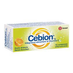 Confezione da 10 compresse effervescenti di cebion arancia integratore di vitamina C Senza Zucchero.